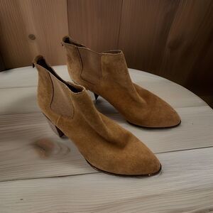 Anne Klein Suede Leather Ankle Booties Tan Brown Block Heel Slip On Womens 8.5 M